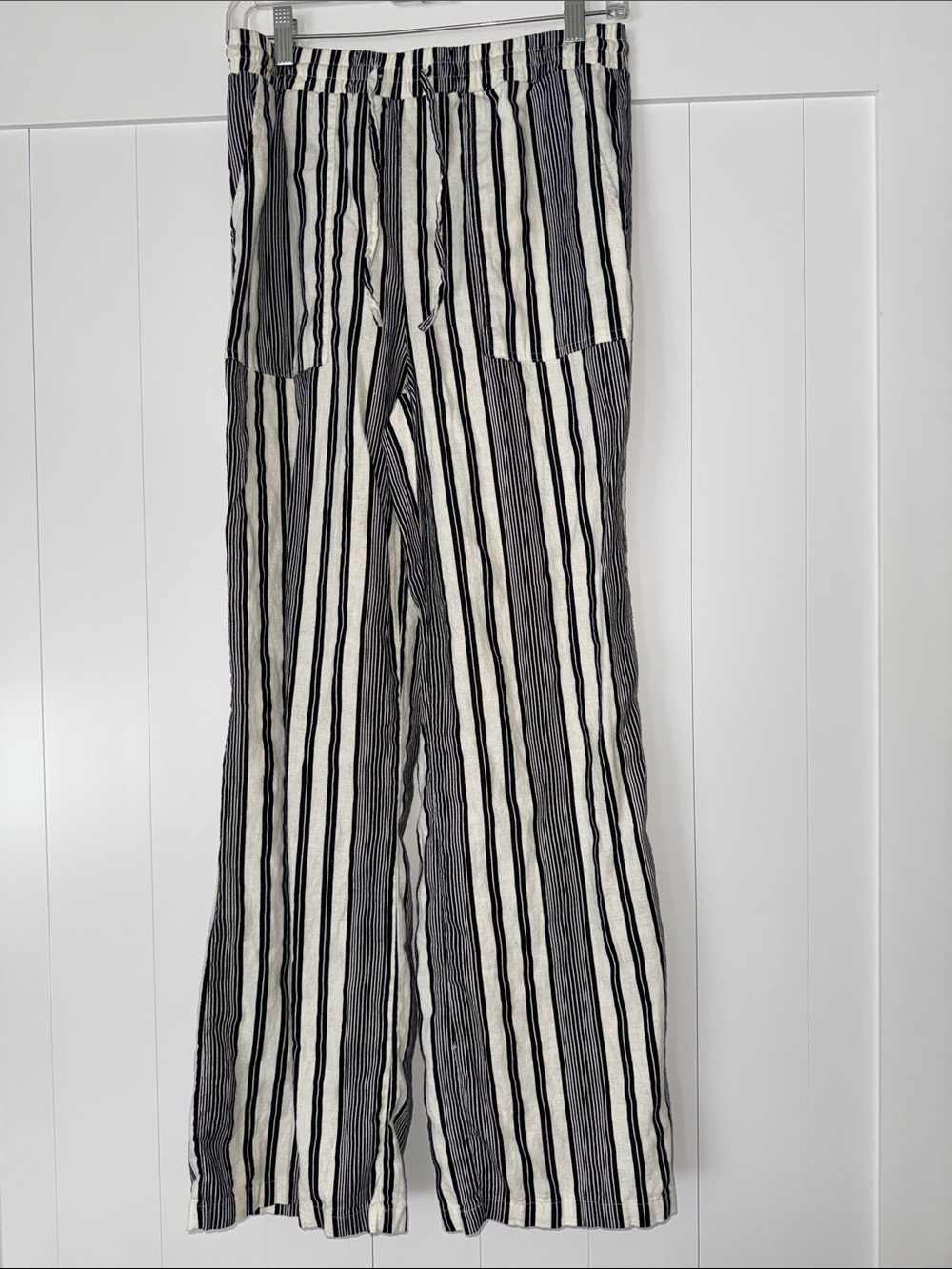 Striped Black & White Wide-Leg Linen Trousers